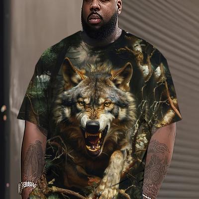 TEMU Men's Wolf 3d Print T-shirt - Black Short Sleeve Athletic Tee With Realistic Wolf Design, Casual & Sporty Round Neck Top For Running, Fitness, And Casual Attire, Plus Size Image