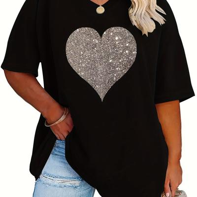 TEMU Plus Size, Plus-size Women's Fashionable Shiny Heart Print Loose V-neck T-shirt, No Glitter Paper Included, Printed Design Image