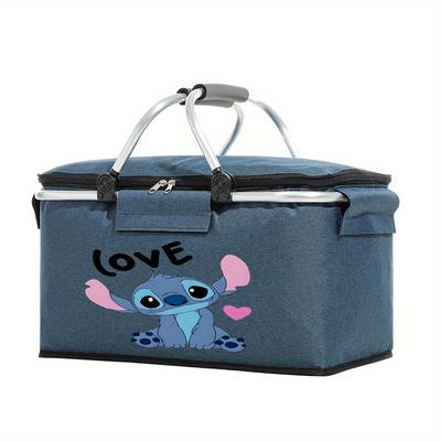 TEMU Stitch Foldable Storage Bag With Handles, Large Capacity, Warm, Zipper Closure, Polyester Lined, Sports Style, Handheld For Easy Carrying, Work, Picnic Image