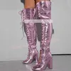 Schnürung Oberschenkel hohe elegante Stiefel Frauen rosa glänzendes Leder runde Zehen High Heels Schuhe Jeans schnalle Dame trend ige Tanz sexy Stiefel