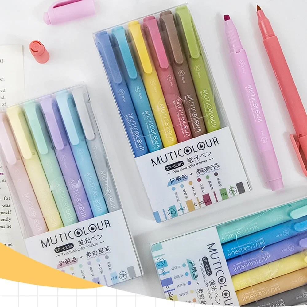 6-farbiges Vintage fluoreszierendes doppelköpfiges Textmarker-Set im Retro-Design für Studenten und Künstler Image