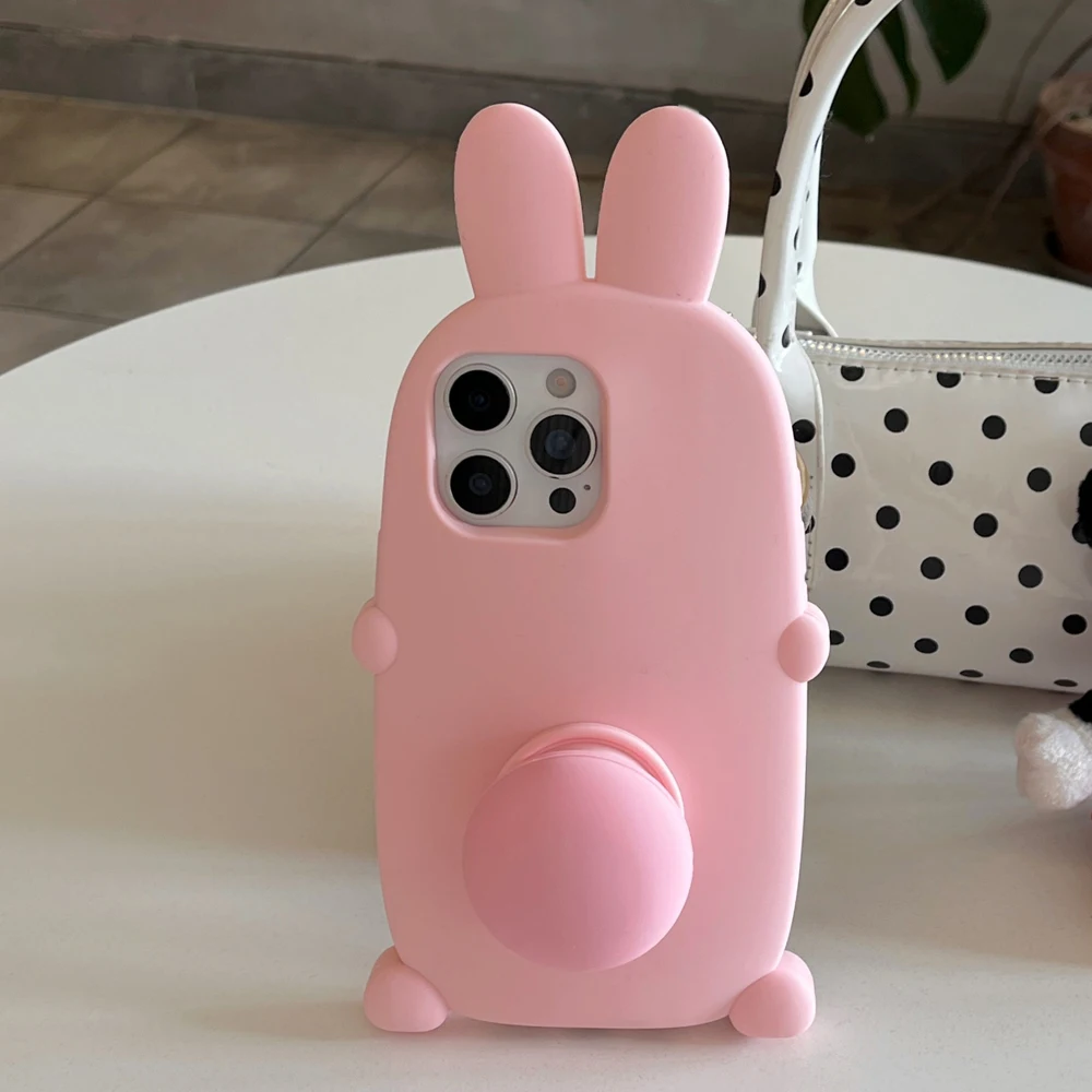 Klappbare Halterung, Ständer, weiche Silikon-Handyhülle für iPhone 13, 14, 15, 16 Pro Max, 3D, niedliches Kaninchen, rosa Hase, stoßfeste Abdeckung Image