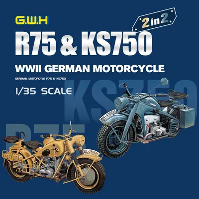 Great Wall Hobby Scale Modellbausatz L3527 Deutsches Motorrad aus dem Zweiten Weltkrieg R75 und KS750 2 in 2 1/35 Image