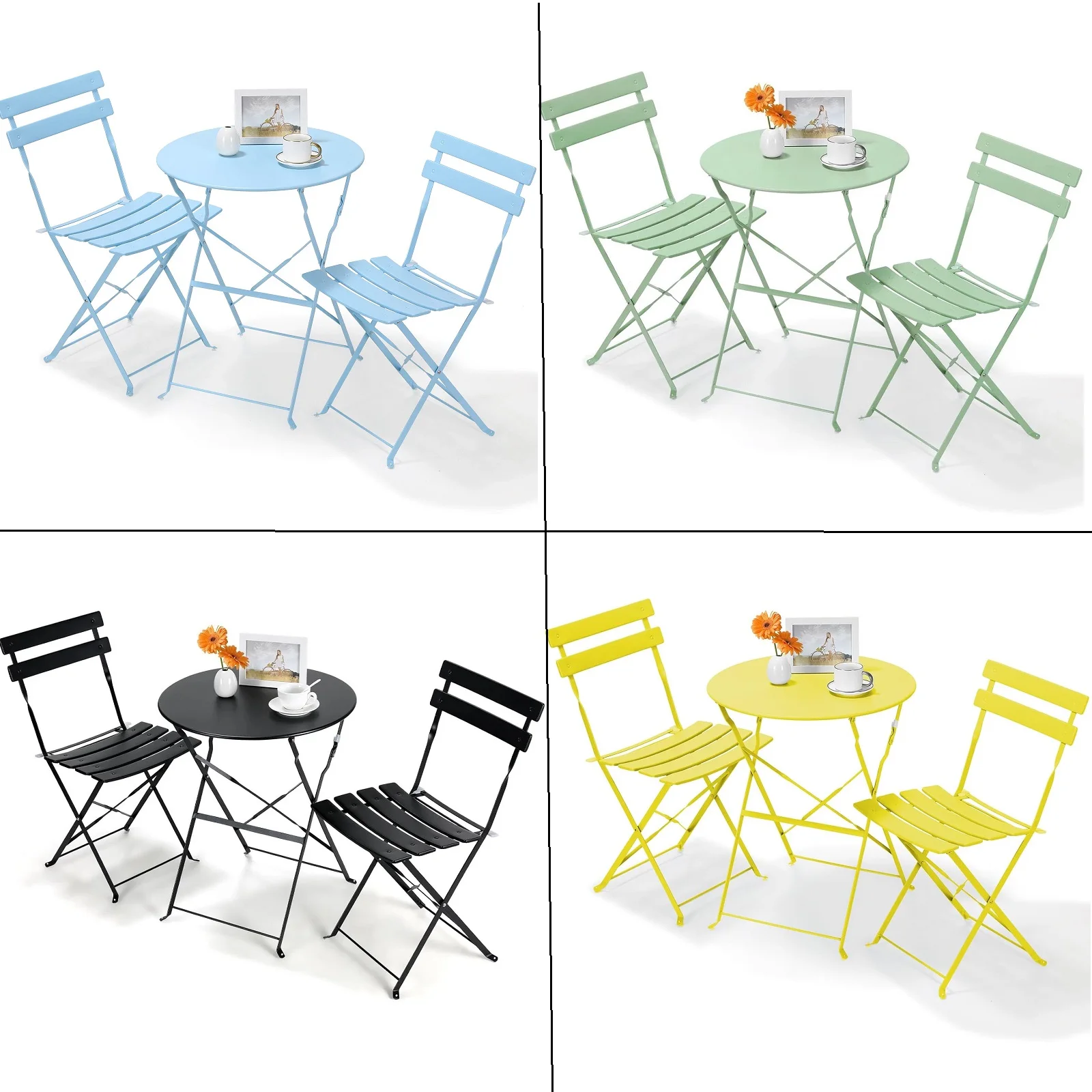 Gartenmöbel, Terrassen-Set, Bistro-Tisch-Set, 3-teilig, Stahltisch und Stühle, klappbares Bistro-Set für Rasen, Balkon, Hinterhof, Hof Image