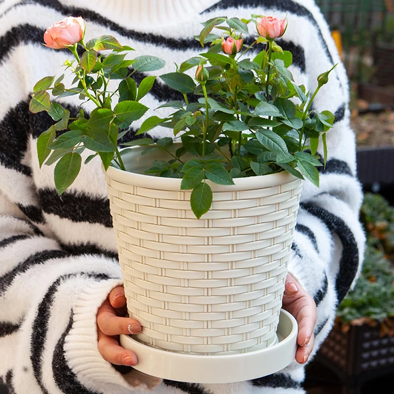 1 Stück verdickter Bambus-ähnlicher Harz-Blumentopf, verstärkt mit Kunststoff-Blumentopf, einfacher und fleischiger runder Balkon-Blumentopf Image