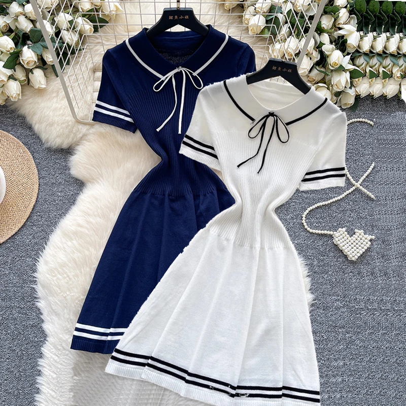 Neue Sommer Frauen Sailor Kragen Kurzarm Gestrickte Kleid Sommerkleid Bogen Spitze Up Elatic Bodycon Bleistift Vestidos Kurzes Kleid Image
