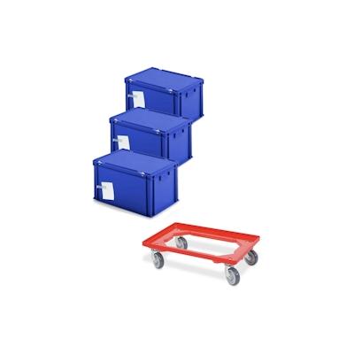 3x Archivboxen für je 7 Ordner (A4, breiter Rücken), blau, inkl. Transportroller, rot Image
