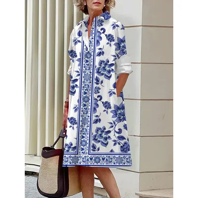 New Spring And Autumn Long Sleeves Elegant Evening Dresses Shirt Long Dress Vintage Dresses Party Women's Celadon Printed Gown