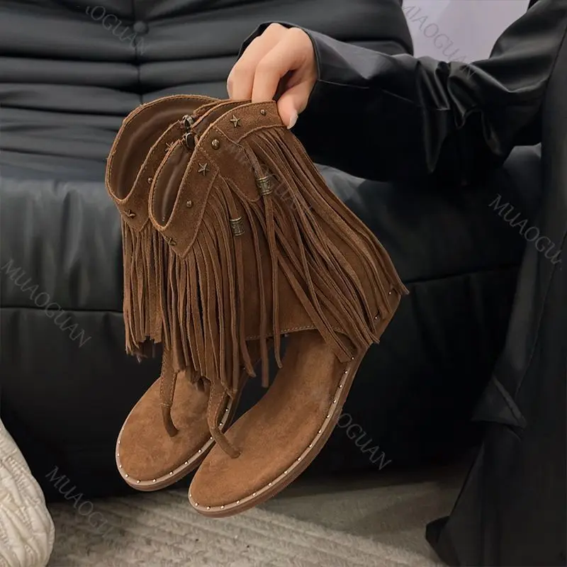 Quasten-Nieten-Flip-Flops, Sandalen für Damen, niedriger Absatz, Sommer-Römerschuhe, hoher seitlicher Reißverschluss, Westernstiefel, Sandale, modische böhmische Schuhe