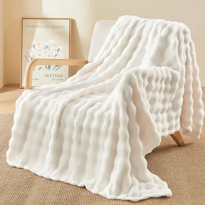 Faux Fur Throw Blanket- Bubble Rabbit Fluff Blanket for Couch Bed Sofa,Softest Fluffy Fuzzy Cozy Blanket,Furry Plush Shaggy