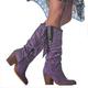 JUNSHANG Women's Tall Boots Western Cowboy Boot, High Heel Long Boots With Fringe Lady Round Toe Suede Boot For Winter Autumn Outdoor Hiking Boot,Purple-39