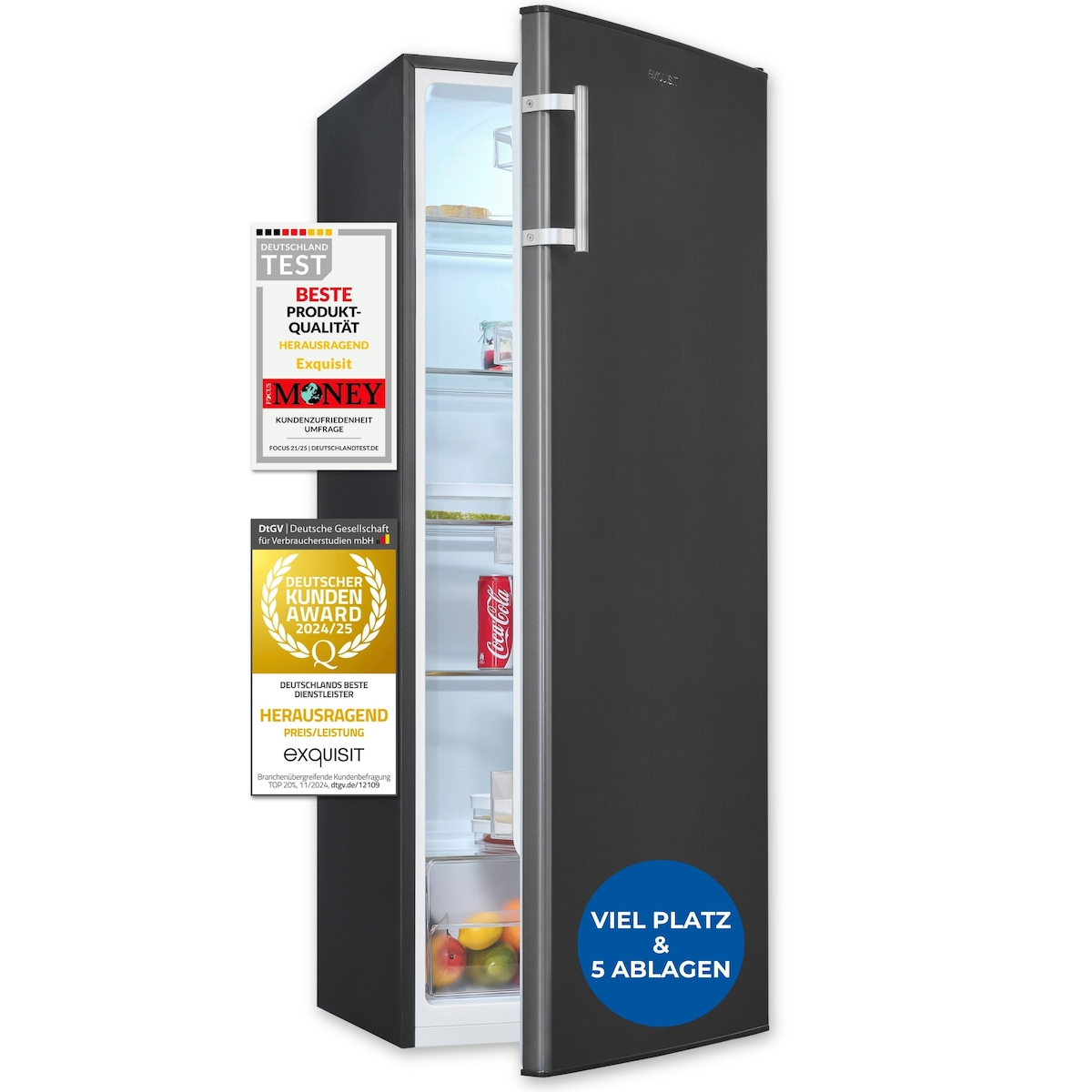 Exquisit Vollraum-Kühlschrank ohne Gefrierfach, 242 Liter, 5 Ablagen, 4 Türablagen, Türanschlag wechselbar, 55 cm Breite, KS320-V-H-040E inoxlook-az Image