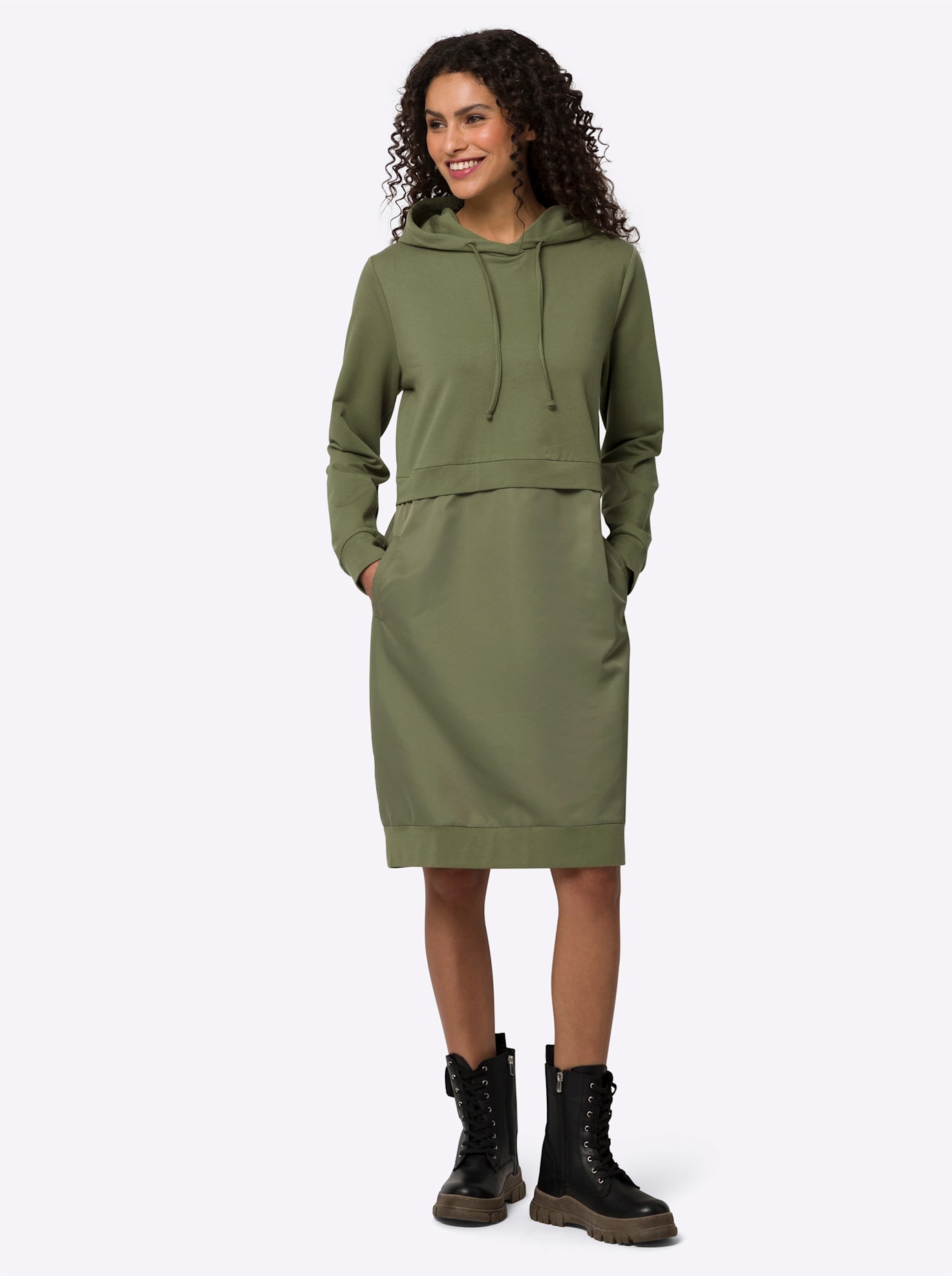 Shirtkleid HEINE "Shirtkleid", Damen, Gr. 36, Normalgrößen, grün (khaki), 95% Baumwolle, 5% Elasthan, Besatz:100% Polyester, unifarben, kurz, Kleider, Topseller Image