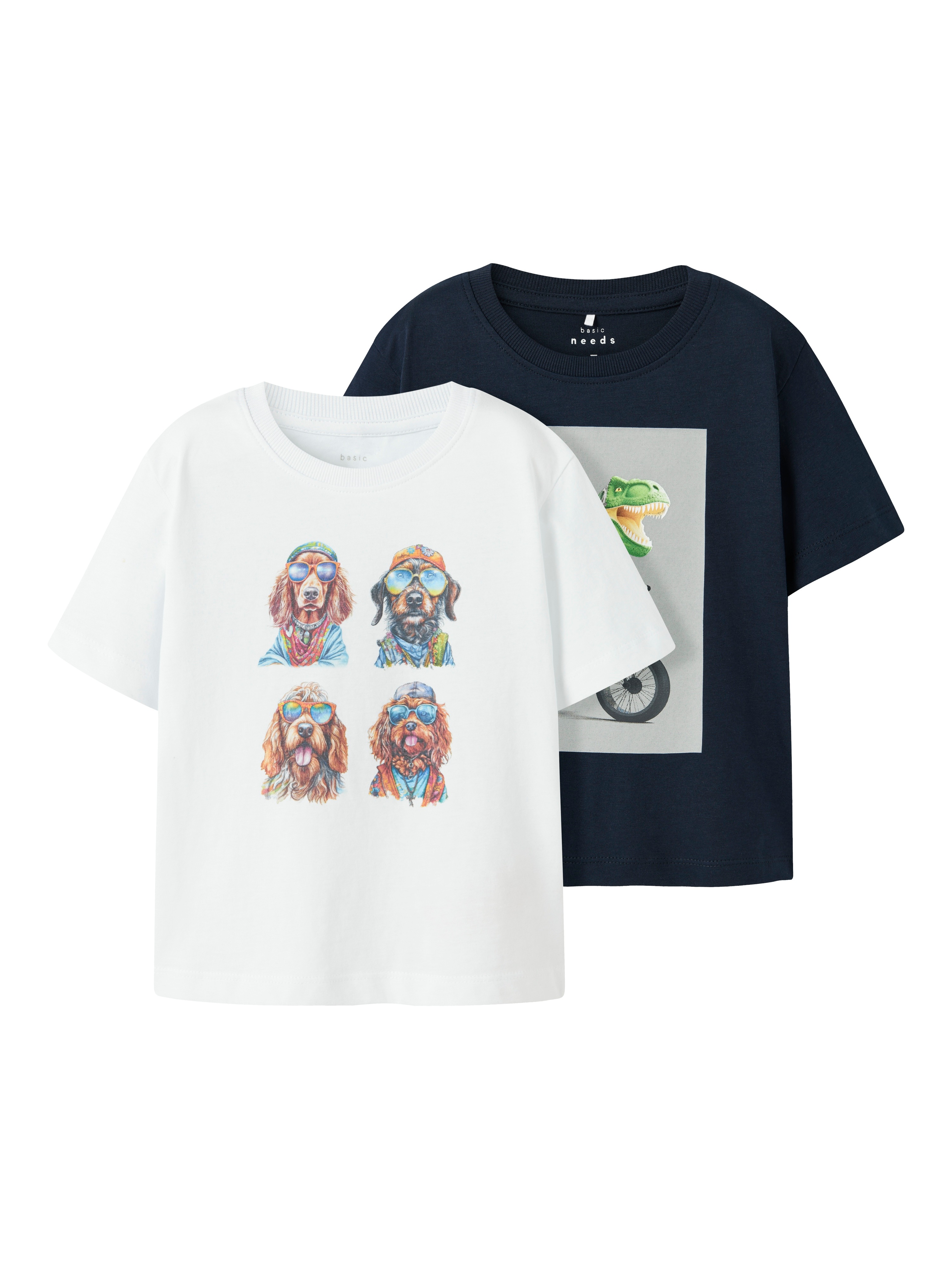 T-Shirt NAME IT "NMMVOTO 2P SS NREG TOP", Jungen, Gr. 98, weiß (hellweiß pack:navy blazer, dino bike), Jersey, Obermaterial: 100% Baumwolle, bedruckt, unifarben, Casual, regular fit normal, Rundhals, Shirts Image