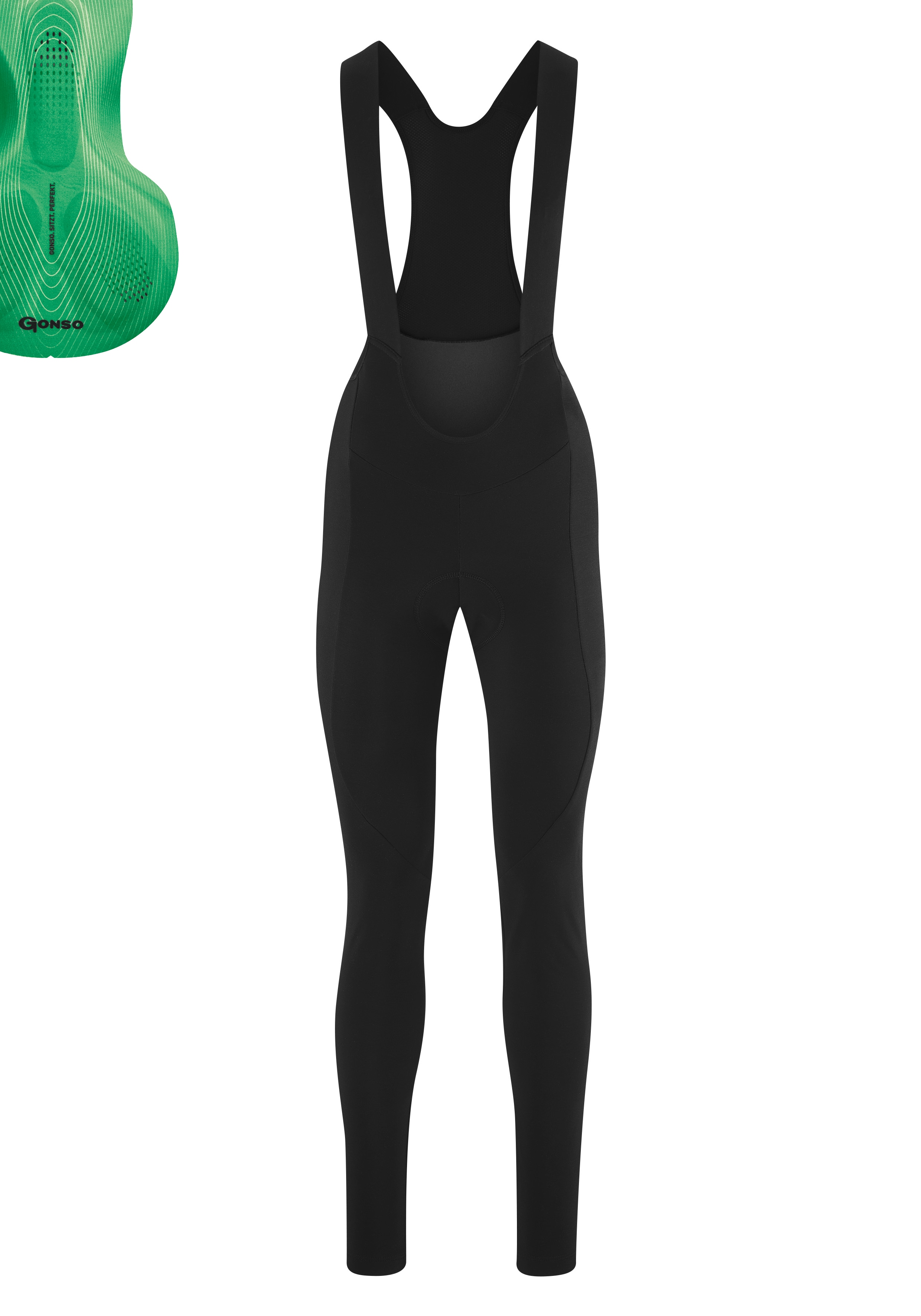 Fahrradhose GONSO "SITIVO TI BIB W", Damen, Gr. 34, Normalgrößen, grün, 57% Polyamid; 28% Polyester; 15% Elasthan, Hosen, Damen Radhose, innovatives Sitzpolster, Träger-Radlerhose, Tight Fit Image