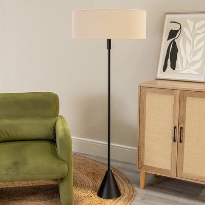 Black Wood Single Stem Triangle Floor Lamp with Linen Squat Shade