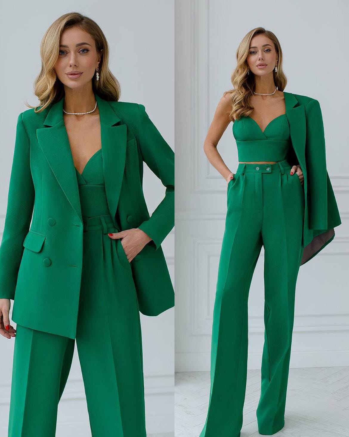 tailleur pantalone elegante da donna. tailleur classico a tre pezzi. tailleur verde classico. tailleur per eventi aziendali. tailleur pantalone a tre