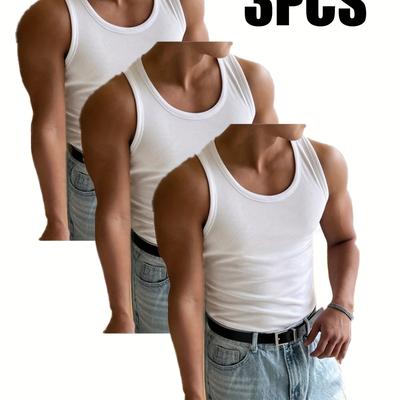 TEMU 3pcs Men's Slim Fit Sleeveless Tank Tops - Stretchy, Breathable & Comfortable For Summer Casual Wear, Gym & Training - Solid Color, Square Neckline, Hand Wash Only, Summer Tank Tops Image