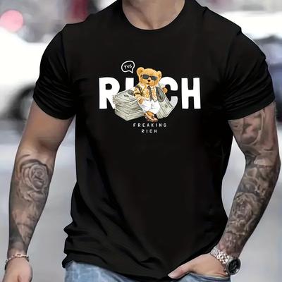 TEMU Trendy Bear Pattern Print Men's Comfy T-shirt, Graphic Tee Men's Summer Outdoor Clothes, Men's Clothing, Tops For Men Image