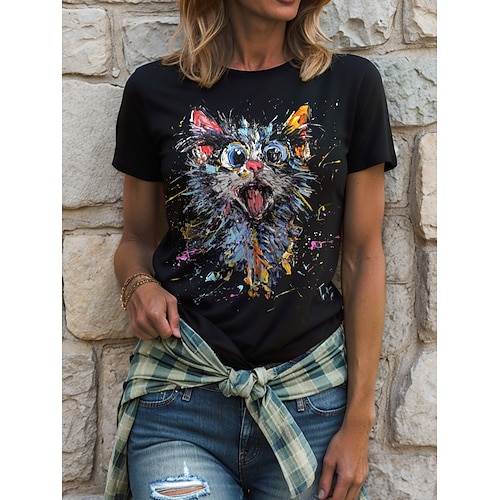 Damen T Shirt Druck Grafik Tiermotiv Hund Vintage Stilvoll Klassisch Kurzarm Rundhalsausschnitt Rundhals Normale Oberteile Täglich Wochenende Blau Schwarz Weiß Rote Purpur Sommer Frühling Image