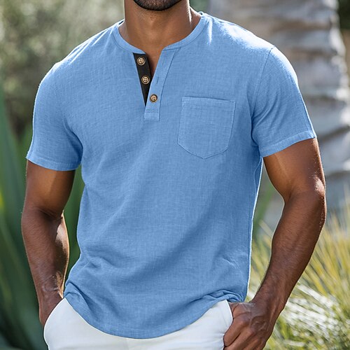 Herren Henley Hemd T-Shirt Kurzarm Einfach Mode Designer Basic Tasche Knöpfe Henley Urlaub Straße Ausgehen Sommer Schwarz Grau Blau Henley T-Shirt Image