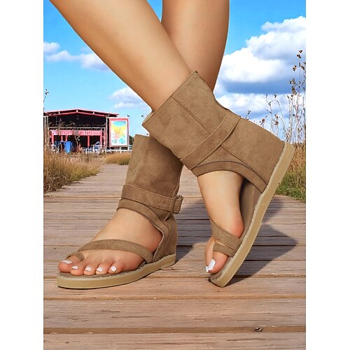 braune Gladiator-Sandalen mit Knöchelwickel für Damen, Reißverschluss und Schnalle – flache Boho-Stiefel mit offener Spitze für Sommerfestivals, Camping und lässige Outdoor-Kleidung Image