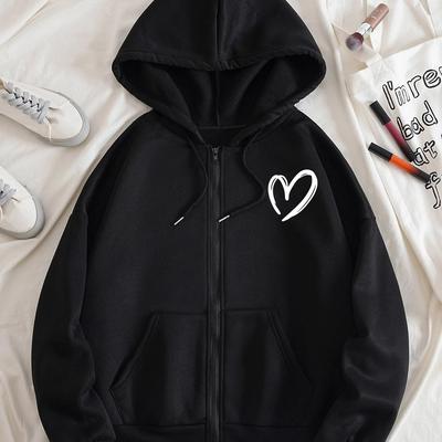 TEMU Fashionable Heart Pattern Printed Zipper Hoodie, Women's Autumn And Winter Casual Drawstring Zipper Hoodie Image