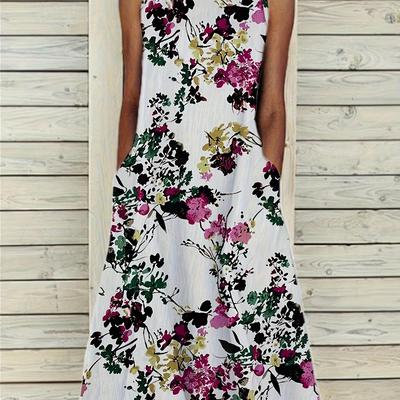 TEMU Women's Casual A-line Dress With Vibrant Floral Print - Short Sleeve Round Neck Machine Washable Fit, Opaque Material Image