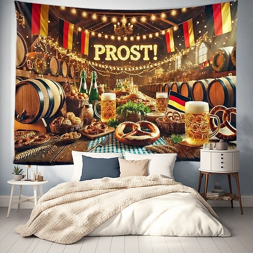 Oktoberfest Deutsches Bayerisches hängender Wandteppich Brezel Bier Bratwurst Wandkunst blau-weiß kariert großes Wandteppich Mural Dekor Foto Hintergrund Fest Image