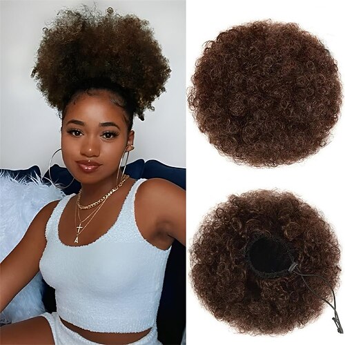 Afro-Puff-Pferdeschwanzverlängerung mit Kordelzug, kurze Afro-Perücken, lockiges Dutt-Haarteil für Frauen, zum Anklipsen, verworrene lockige synthetische Haarteile, natürliches Schwarz 1b Image