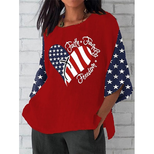 Unabhängigkeitstag Patriotische Damen Bluse Leinenähnlich Grafik Flagge Bohemia Vintage Tropisch 3/4 Länge Ärmel Crew Neck Reguläre Tops Täglich Urlaub Freizeitmode Druck Schwarz Rot Grau Sommer Image