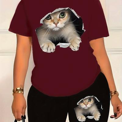 TEMU Spring And Summer : Round Neck Short Sleeve T-shirt With Elastic Waist Casual Shorts Two-piece Women's Pants Outfit Image