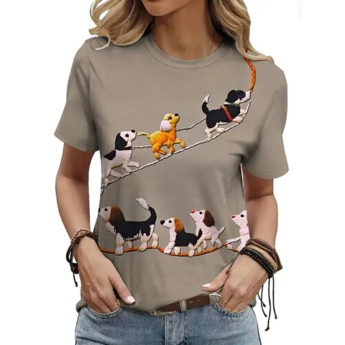 Damen T Shirt Druck Grafik Tiermotiv Katze Vintage Stilvoll Klassisch Kurzarm Rundhalsausschnitt Normale Oberteile Täglich Wochenende Weiß Rosa Purpur Khaki Sommer Frühling Image