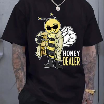 "TEMU Men' Gray Honey Bee Graphic T-shirt - Casual Summer Short Sleeve Crewneck With "honey Dealer" Print, Soft Polyester Blend, Machine Washable, Bee T Shirt" Image