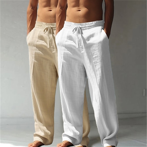 Herren Leinenhosen Hose Sommerhose Baggy-Hosen Strandhose Kordelzug Elastischer Bund Gerader Schnitt Einfach Komfort Atmungsaktiv Volle Länge Lässig Täglich Ferien Urlaub Klassicher Stil Grün grau Image