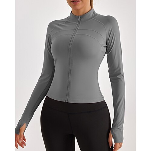 Damen Sportjacke Pilatesjacke Yogajacke Stehkragen Sonnenschutz Elastisch Atmungsaktiv Fingermäntel Langarm Sport Einfarbig Jacke Für Pilates Laufen Fitness Sportkleidung Image