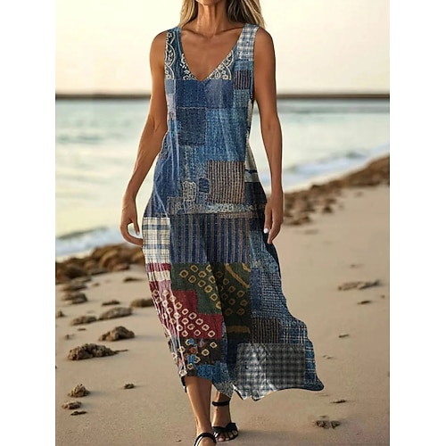 Damen Langes Kleid Maxikleid Freizeitkleid Trägerkleid Sommerkleid Vintage afrikanisch Täglich Strand Ferien Normale Passform Blumen Farbblock Ärmellos V Ausschnitt Rote Marineblau Purpur Grün Sommer Image