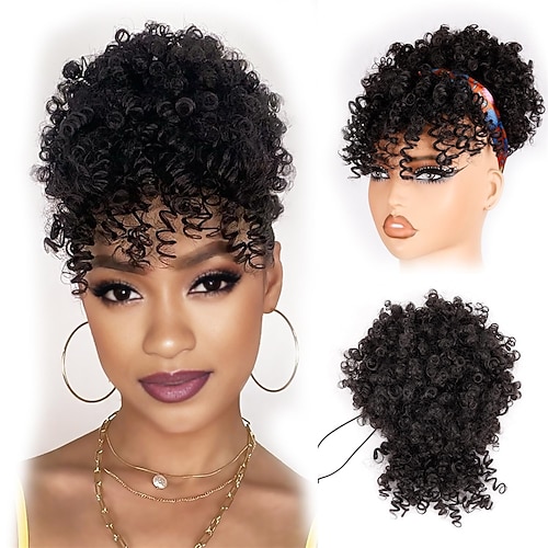 Pferdeschwanz mit Kordelzug für schwarze Frauen, Afro-Puff, Pferdeschwanzverlängerung für verworrenes lockiges Haar mit Pony, schwarze Hochsteckfrisur, Pferdeschwanz aus natürlichem Haar Image