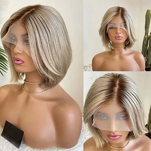 brasilianisches Haar, Remy-Menschenhaar, Ombre-Haar, 5x5-Verschluss, klebefreie Perücken, glattes Aschblond, 13x4-Spitzenfrontperücke, kurzer Bob, gestufter Haarschnitt, Perücke mit vorgezupftem Image