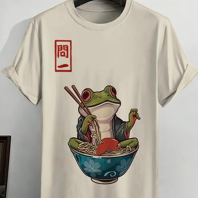 TEMU Men's Summer Casual T-shirt With Frog & Ramen Print - Lightweight, Breathable Short Sleeve Crewneck Tee For Streetwear Style, Casual Attire | Graphic Tee | Breathable Material Image