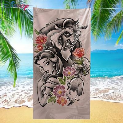 TEMU Extra Large Beauty And The Cartoon Beach Towel - Super Soft, Quick-dry Microfiber, Floral And Character Design, Ideal For Pool & Bath, Perfect Birthday Gift, Beach Towels Image