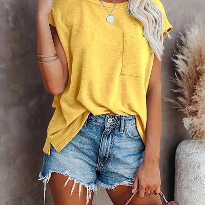 TEMU Regular Women's Summer New Solid Color Pocket Round Neck Short Sleeve T-shirt Image