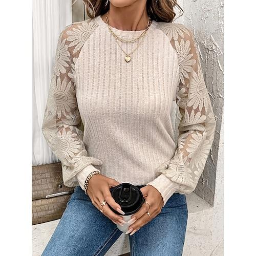 Damen Oberteil mit Spitzenspleiß Einfarbig Elegant Stilvoll Lässig Langarm Rundhalsausschnitt Normale Oberteile Täglich Spitze Patchwork Aprikose Sommer Frühling