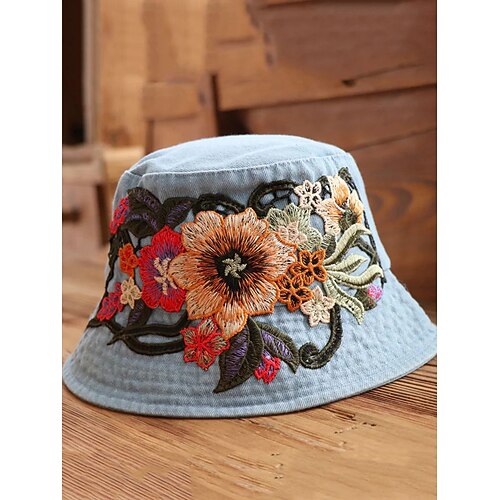 Damen-Bucket-Hut aus besticktem Denim – Blumendesign, stylischer Sommerhut, perfekt für Outdoor-Aktivitäten, Strand und Freizeit Image