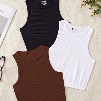TEMU 3pcs Women' Sleeveless Yoga Sports Vests - High-elasticity Breathable Ribbed Fabric, Solid Colors (navy, White, Brown) For Gym, Running, Dance & Casual Wear, Workout Tops, Gym Apparel, , Image