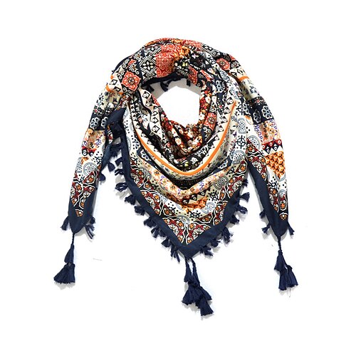 Quadratischer Boho-Schal für Damen mit Quasten – leichter Schal aus Baumwollmischung mit ethnischem Aufdruck für lässige Outfits, Reisen und Festivals Image