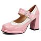 Gicoiz T Strap Mary Jane Ladies Block Heel Platform Pumps Round Toe Wedding Buckle Party Shoes Chunky High Heeled Pink Size 1.5-34