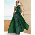 Abito da Sera Sirena Tromba Nero e Oro Elegante Abito Nero Matrimonio Formale Lungo fino al Pavimento Senza Maniche Spalla Unica Satina con Fiocco/i Pizzo in Paillettes Oro