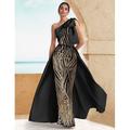Abito da Sera Sirena Tromba Nero e Oro Elegante Abito Nero Matrimonio Formale Lungo fino al Pavimento Senza Maniche Spalla Unica Satina con Fiocco/i Pizzo in Paillettes Oro