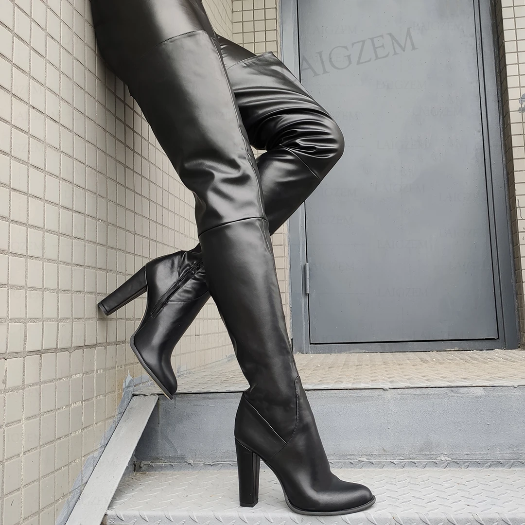 LAIGZEM Frauen Oberschenkel Hohe Stiefel Runde Kappe Chunky Dicke Heels Seitlichem Reißverschluss Frauen Stiefel Kunstleder Schuhe Frau Große Größe 40, 47 52